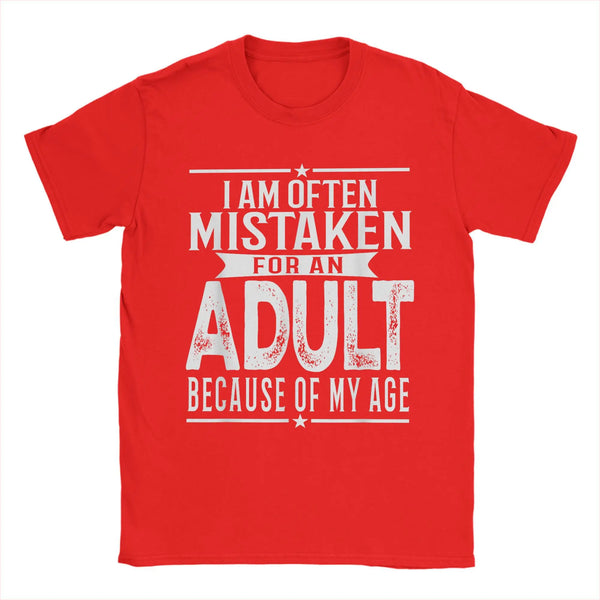 Men's humorous "Mistaken For An Adult" cotton tee, breathable fabric, relaxed fit, perfect for casual wear and gifts.