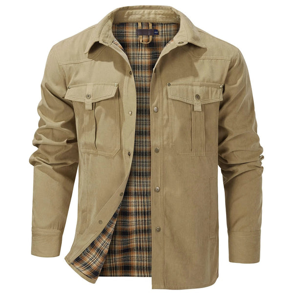 Men's Western Flannel-Lined Casual Jacket with metal buttons, multiple pockets, and soft flannel lining for cool weather comf