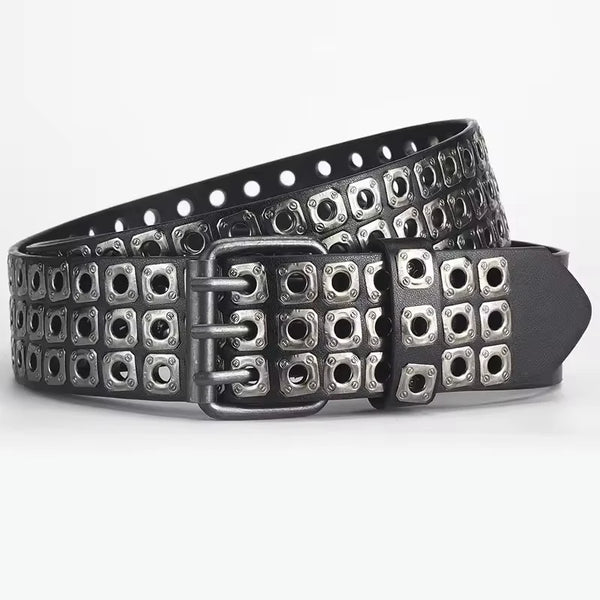 Unisex punk belt with square beads and triple grommets, perfect for edgy streetwear and versatile styling for all.