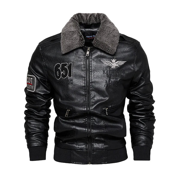 Men's Autumn/Winter Embroidered Leather Biker Jacket with detachable collar, fleece lining, and classic aviator design.