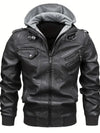 Sleek men's PU leather biker jacket with detachable hood, slim fit, perfect for autumn and winter casual wear.