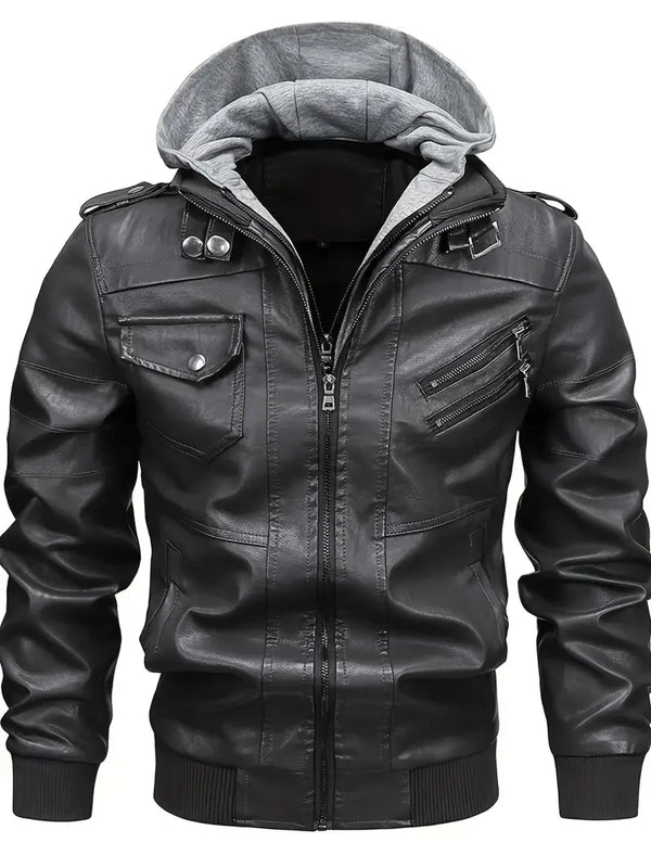 Sleek men's PU leather biker jacket with detachable hood, slim fit, perfect for autumn and winter casual wear.
