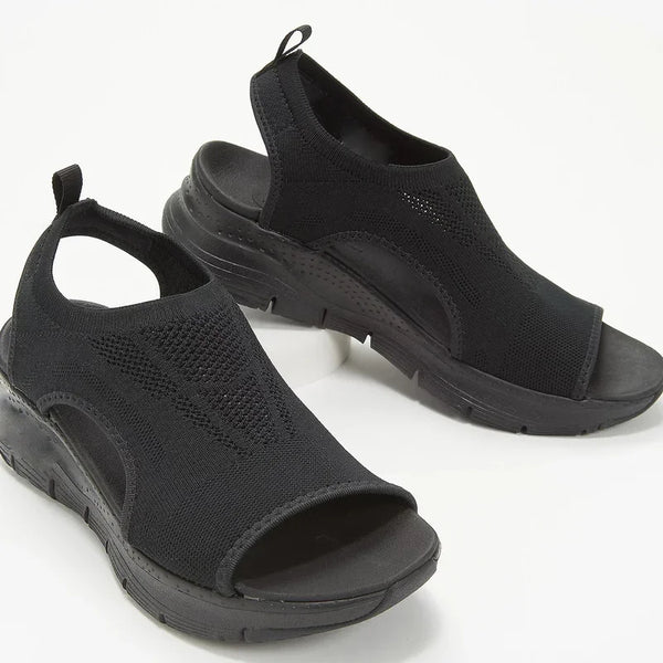 Open toe platform wedge sandals with mesh material and slip-on design