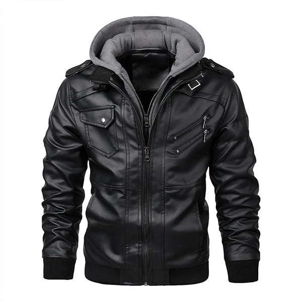 Sleek men's PU leather biker jacket with detachable hood, slim fit, ribbed cuffs, perfect for autumn and winter wear.