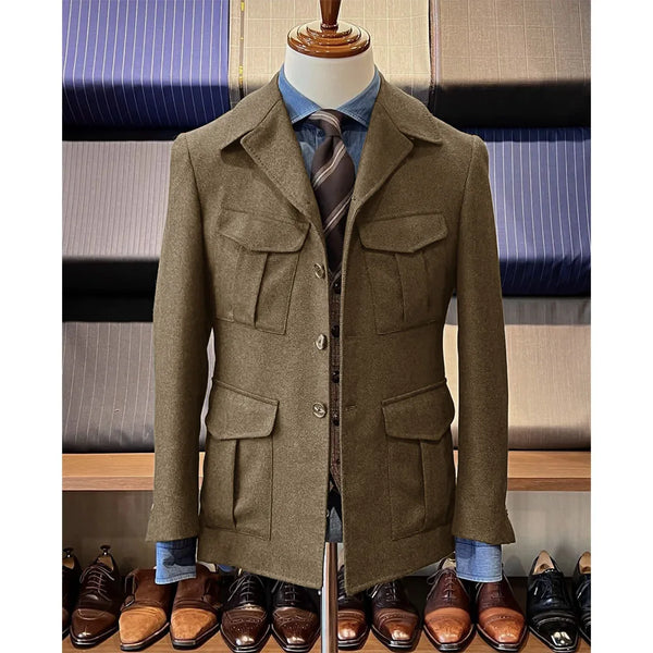 Vintage tweed herringbone men's blazer with four pockets, notched collar, and single-breasted design for stylish occasions.