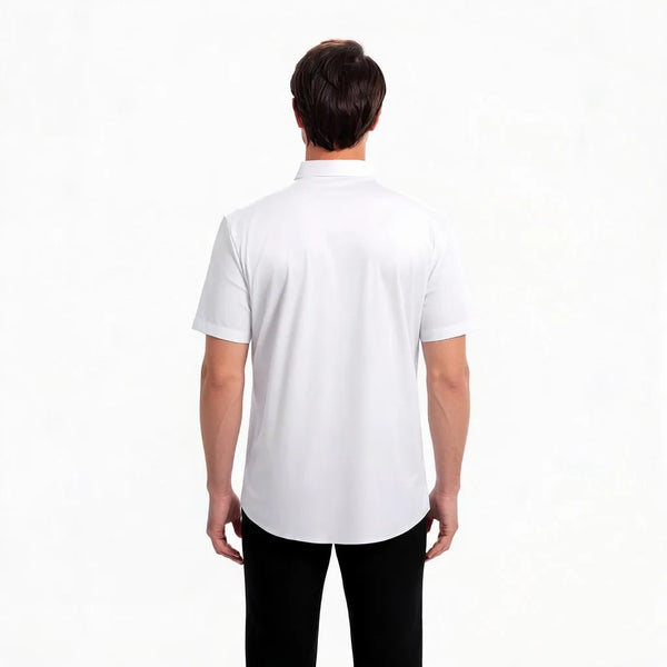 Close-up of breathable polyester-elastane business shirt fabric showing stretch technology