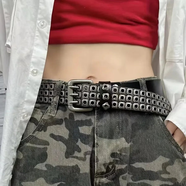 Unisex punk belt with square beads and triple grommets, adjustable, durable PU material for edgy fashion style.