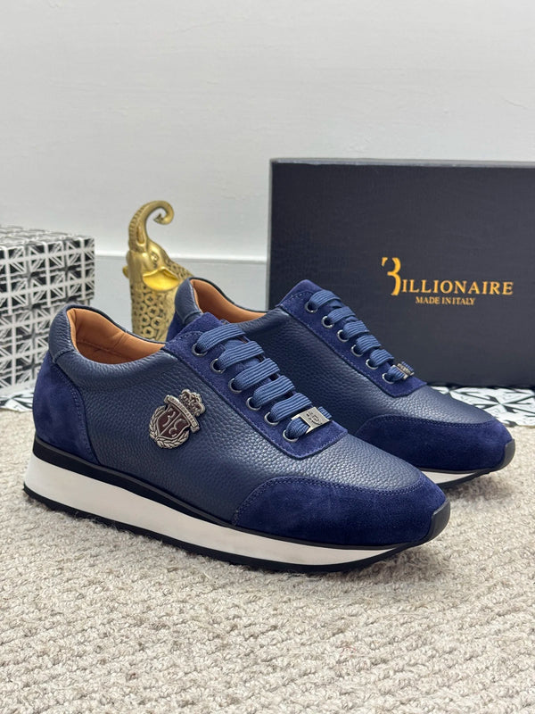 Billionaire black leather loafers for men with stylish embroidery.