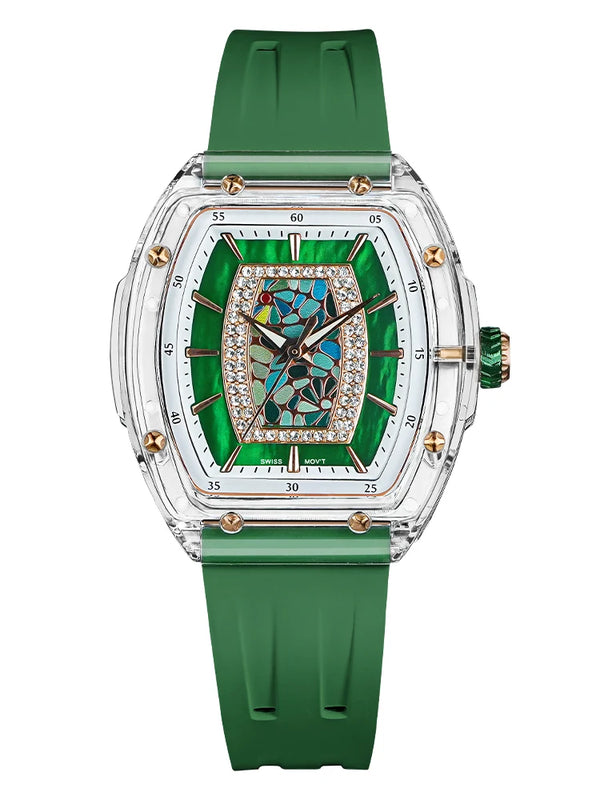 Luxe rubber band watch with a radiant sapphire crystal face for a glamorous look.