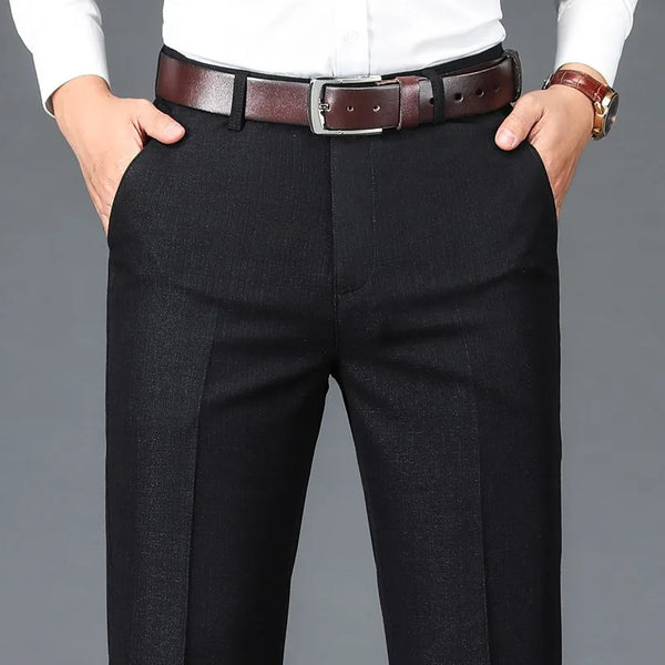 Men wearing comfortable straight leg trousers with unrestricted movement