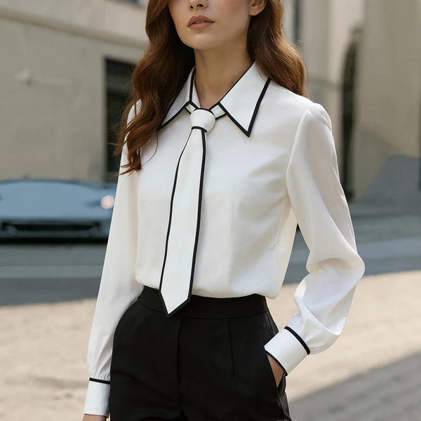 Elegant Bow Tie Blouse for Women in slim fit, featuring a turn-down collar and bow tie detail, perfect for office wear.