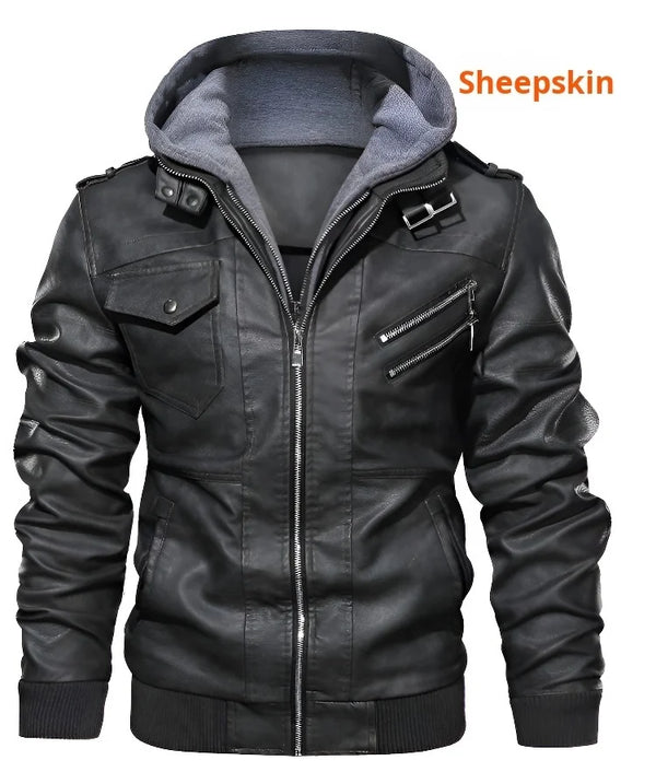 Men's PU leather hooded jacket for autumn and winter, stylish, warm, durable, perfect for casual outings and outdoor adventur