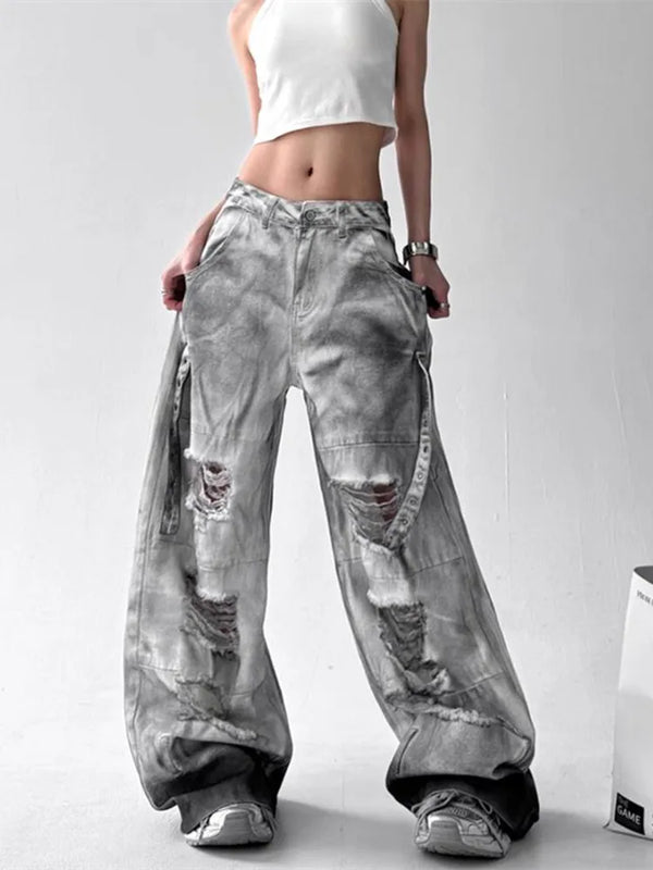 Trendy high-waist wide-leg ripped jeans for women with tie-dye and distressed detailing, perfect for casual street style.