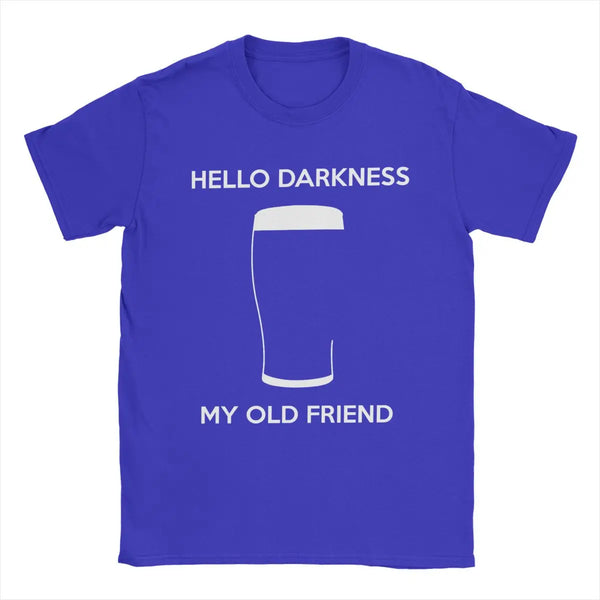 Hello Darkness Beer Lover's Cotton T-Shirt in black, featuring a playful beer print, perfect for casual outings and gifts.