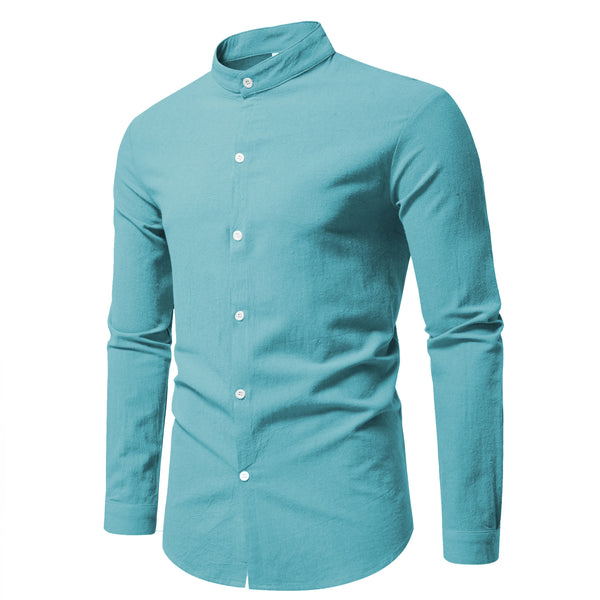 Men's casual cotton shirt with sophisticated stand collar and clean contemporary look