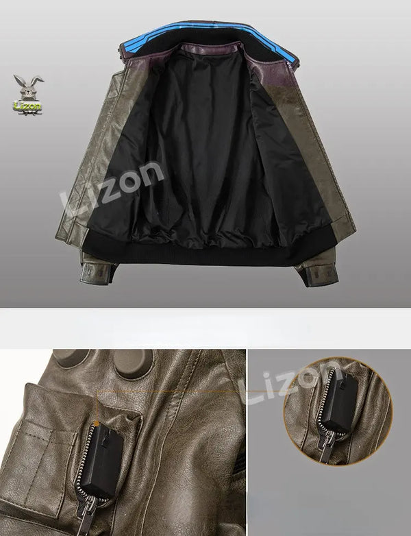 Side view of the unisex Cyberpunk 2077 LED Collar Faux Leather Jacket.