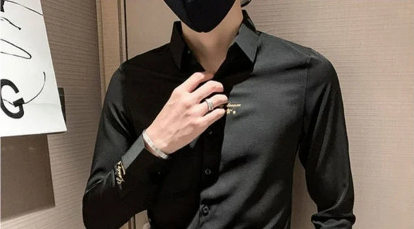 Elegant men's embroidered white long sleeve shirt with turn-down collar, perfect for casual and social events.