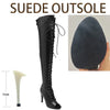 Stage-worthy over-the-knee boots combining peep toe detail with high stiletto