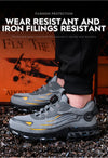Protective work boots with steel toe cap and rotating button system for emergency situations