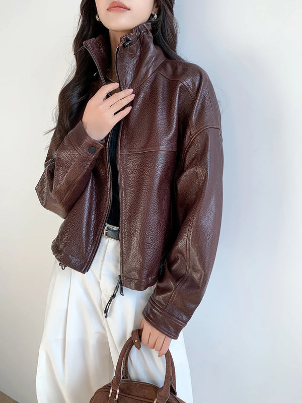 Model showcasing the versatility of the chic vintage leather cropped jacket.