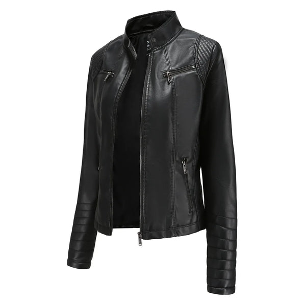 Chic women's slim leather biker jacket with zip detail, stand-up collar, and tailored fit for stylish urban looks.