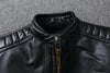Premium men's leather biker jacket in rich brown with stand collar, crafted from durable first-layer calfskin leather.
