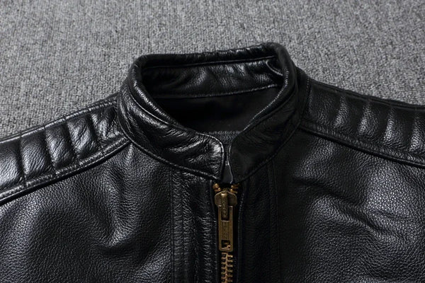 Premium men's leather biker jacket in rich brown with stand collar, crafted from durable first-layer calfskin leather.