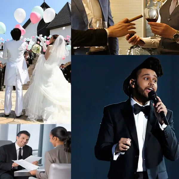 Elegant pink wedding suit made from a cotton, polyester, and wool blend.