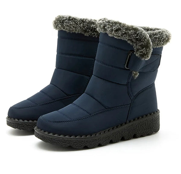 Chic women's waterproof winter boots with plush lining, low heel, and hook-and-loop closure for stylish cold weather comfort.