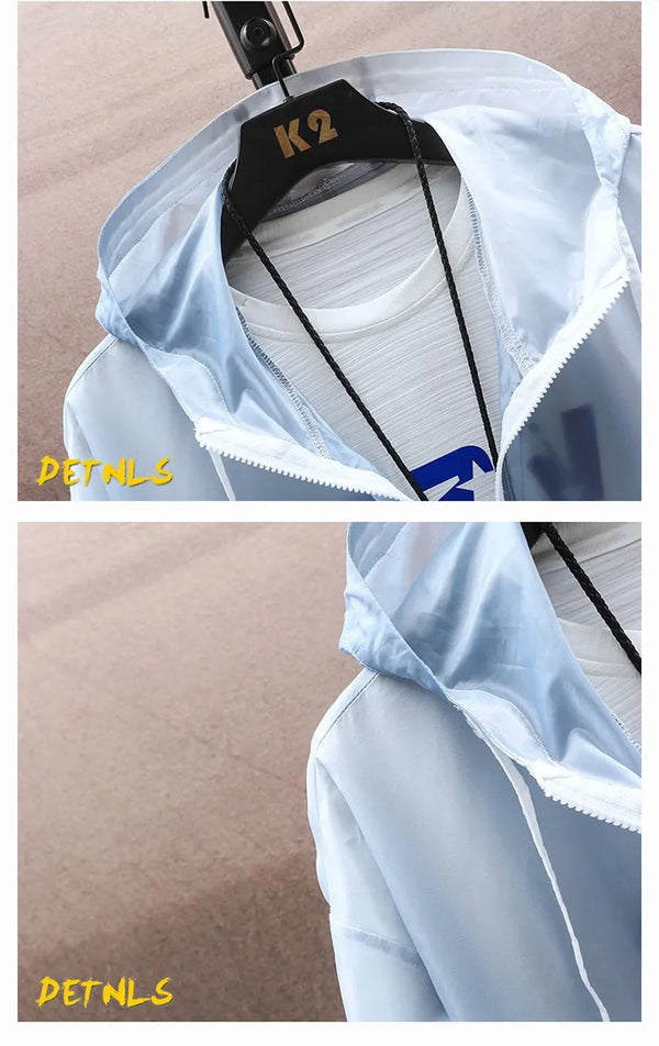 Men's breathable sunscreen windbreaker jacket in urban setting, showcasing lightweight, waterproof fabric and full-zip closur