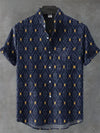 Unisex spring summer shirt with artistic geometric pattern and sophisticated denim texture