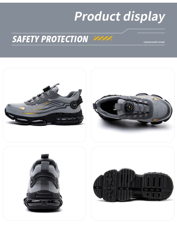 Anti-smash boots showing rotating button closure and steel toe cap safety features