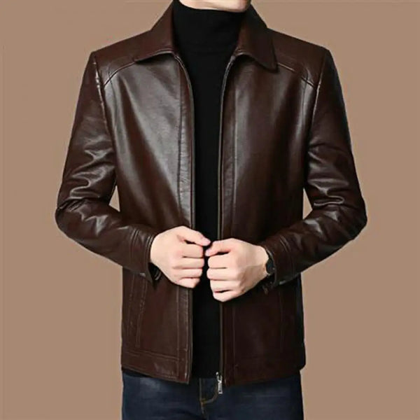 Men's faux leather jacket with zip-up front and stand collar, perfect for autumn and winter casual or professional wear.