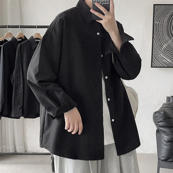 Oversized long sleeve casual shirt for men and women, featuring a Mandarin collar and single-breasted closure in high-quality