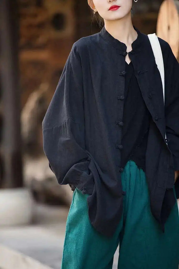 Breathable stand collar outerwear in premium cotton-linen blend for women