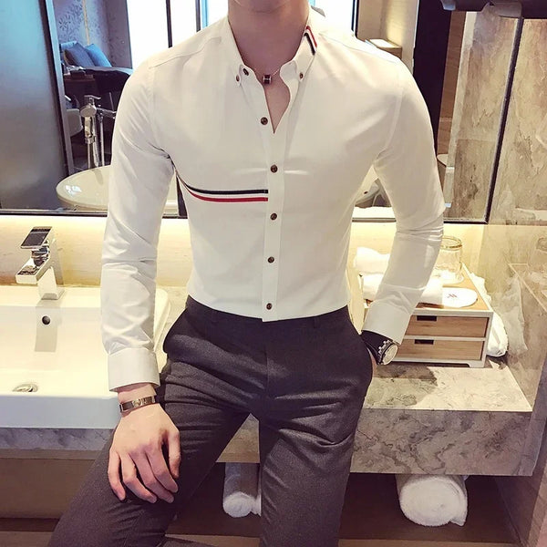 Elegant Men's Slim-Fit Dress Shirt in solid color, perfect for spring, featuring a turn-down collar and long sleeves.