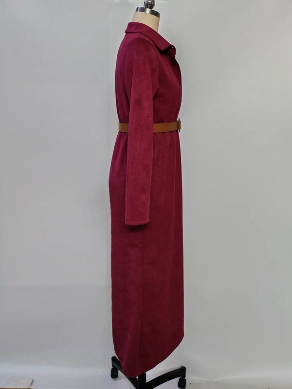 Detail shot of the turn-down collar on the Autumn Whispers suede dress, adding sophistication.
