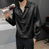 Men's luxury silk blend casual shirt in black with subtle graphic pattern, slim fit, perfect for spring and summer wear.