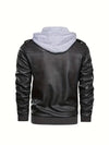 Sleek men's PU leather biker jacket with detachable hood, slim fit, ribbed cuffs, perfect for autumn and winter wear.