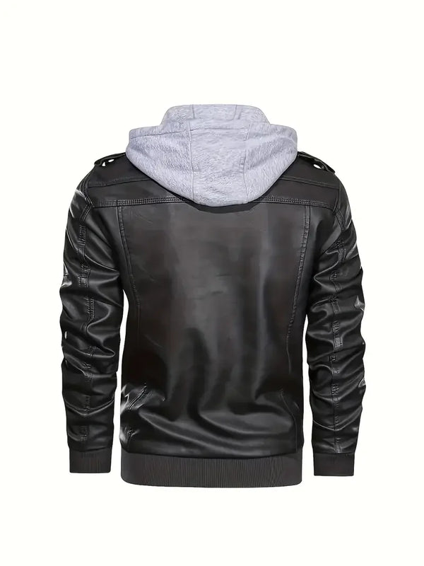 Sleek men's PU leather biker jacket with detachable hood, slim fit, ribbed cuffs, perfect for autumn and winter wear.