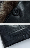 Side view of men's leather jacket with raccoon fur collar.