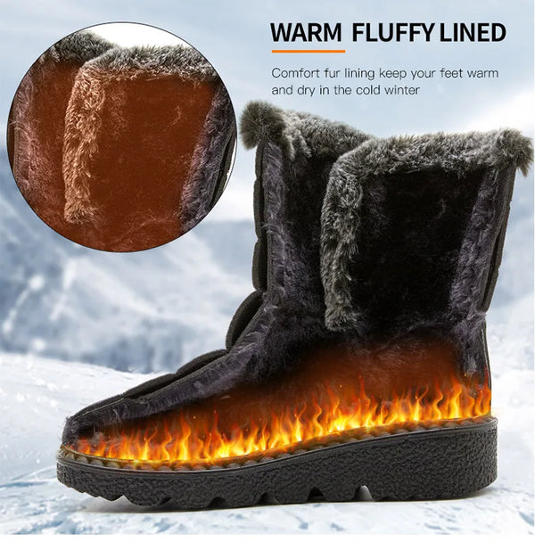 Chic women's waterproof winter boots with plush lining, low heel, and secure hook-and-loop closure for cold weather comfort.