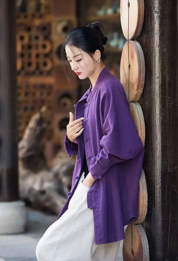 Sophisticated cotton linen stand collar coat with single-breasted front detail