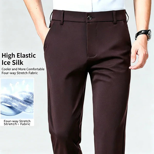 Detail of high drape fabric on dress pants creating sophisticated vertical lines