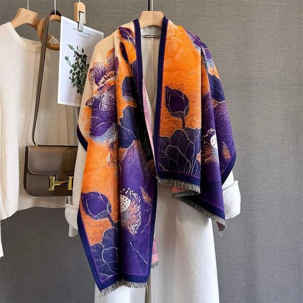 Versatile scarf styled as a shawl, showcasing its generous length.