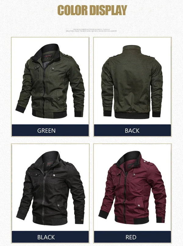 Men's Tactical Military Jacket in cotton windbreaker style, featuring multiple cargo pockets and a stand collar for versatile