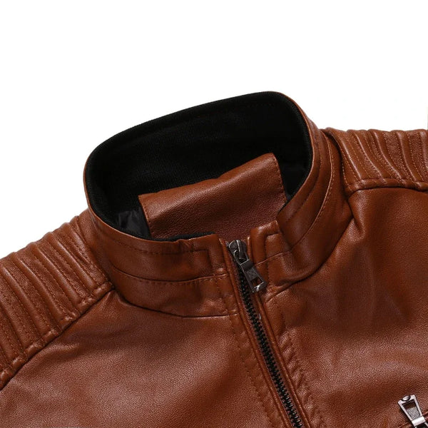 Stylish men's faux leather biker jacket in slim fit with stand collar, perfect for autumn and spring casual outings.