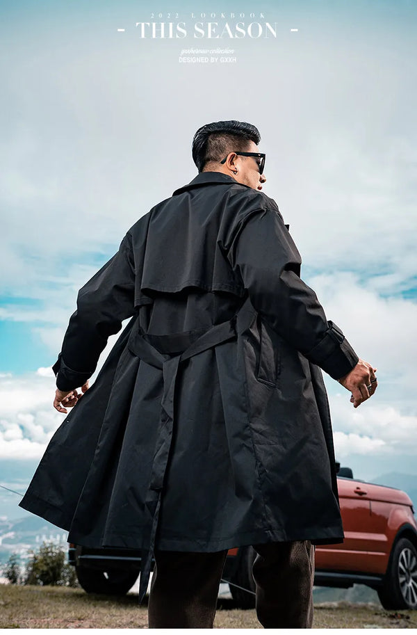 Men's Casual Trench Coat in Plus Sizes, single-breasted, medium length, loose fit, stylish outerwear for autumn and winter.