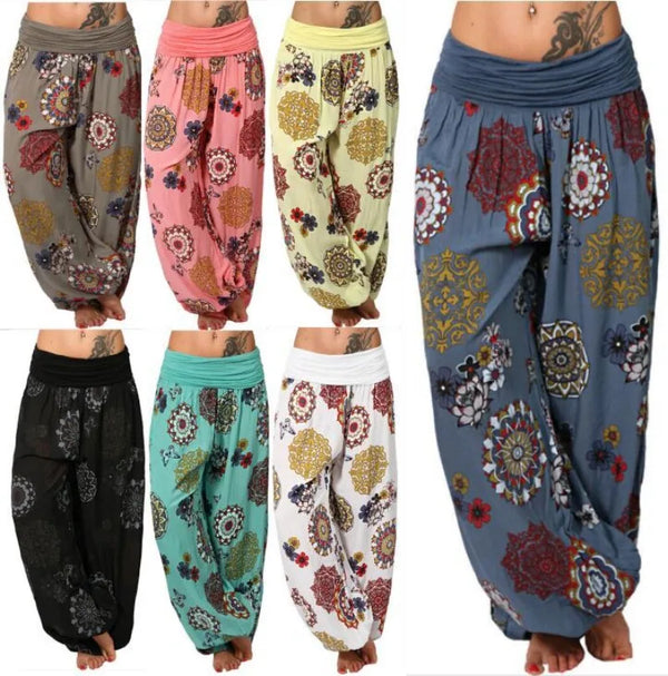 Boho chic wide leg harem pants for women with geometric print, ankle-length, mid-rise, and relaxed fit for all occasions.