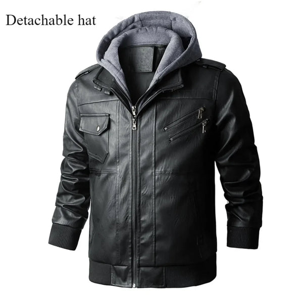 Men's Autumn Winter PU Leather Moto Jacket with detachable hood, mandarin collar, and zippered accents for stylish comfort.
